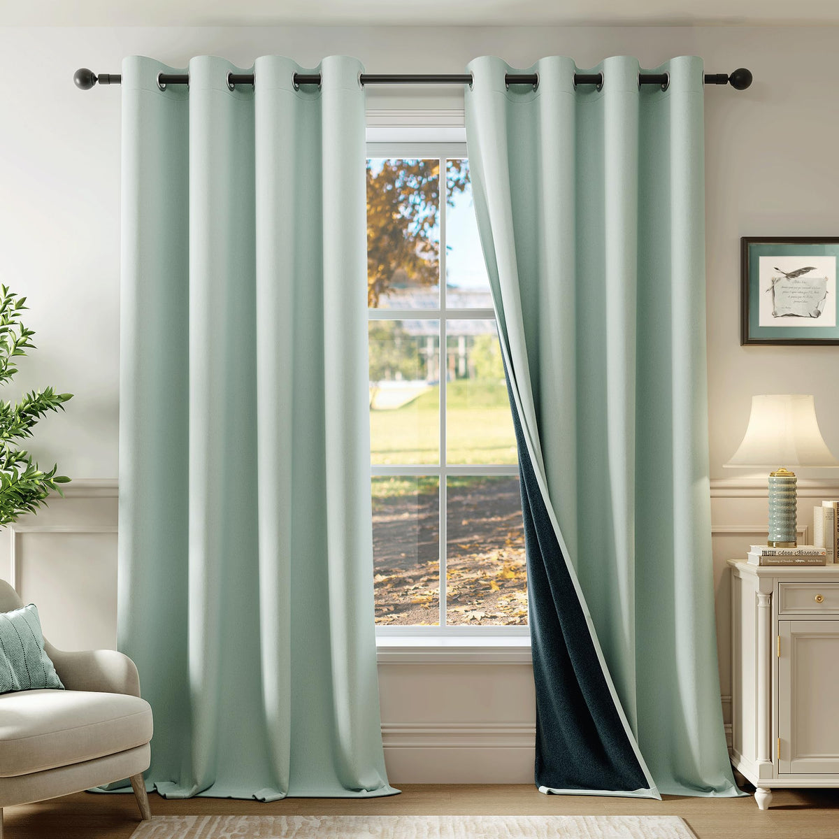 Beauoop front view of two seafoam green blackout curtain panels showing full coverage and elegance