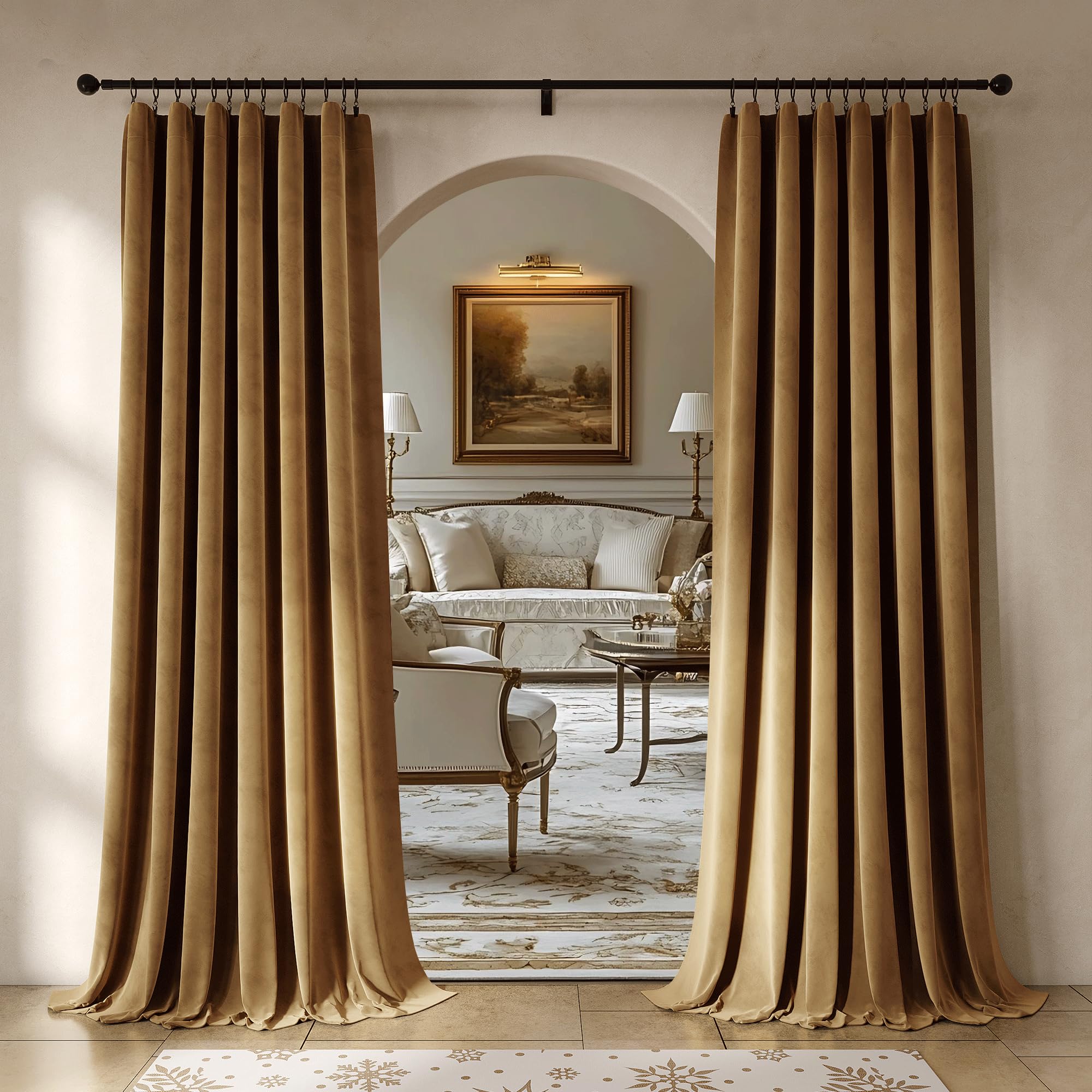Beauoop front view of two brown velvet curtain panels showing full packaging and benefit of complete coverage