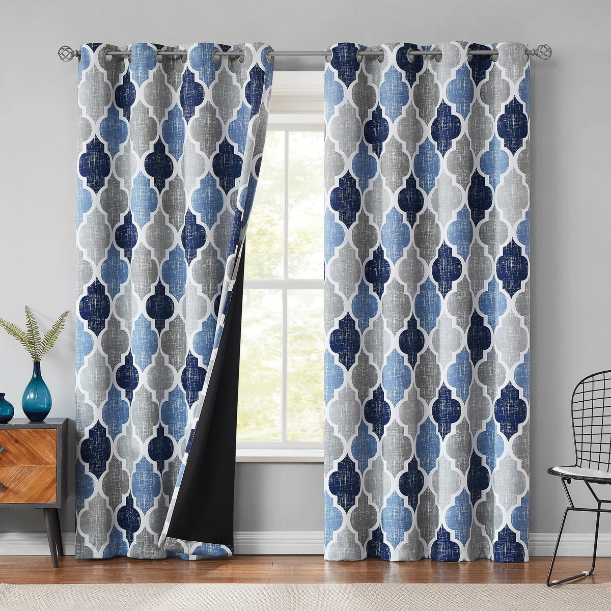 Beauoop front view of blue grey blackout curtains showing full window coverage and privacy