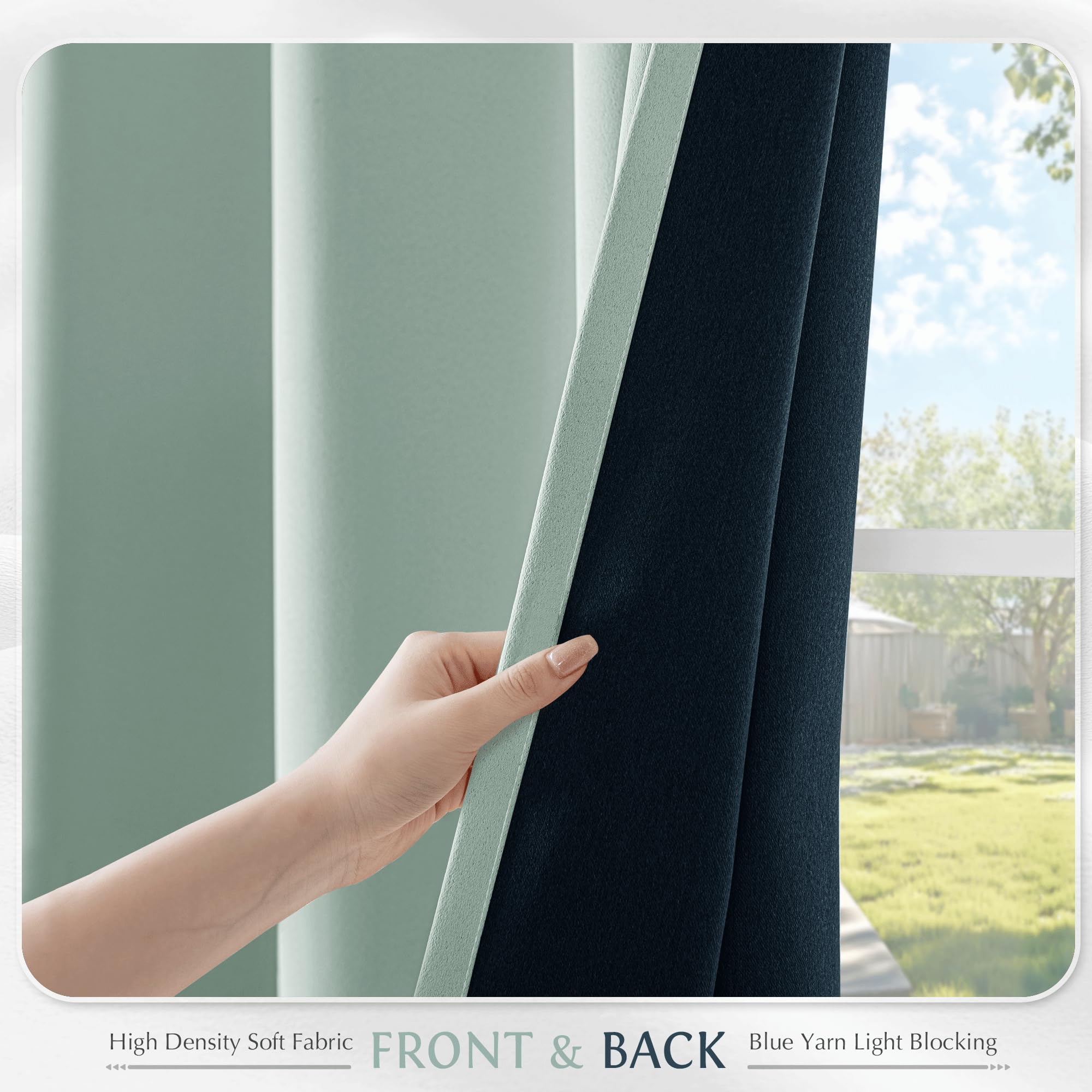 Beauoop staged bedroom with seafoam curtains creating calm decor and darker sleep environment