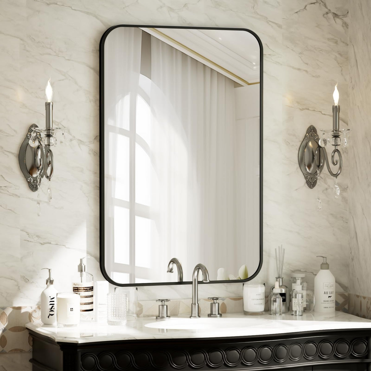 BEAUTYPEAK front view of 24x36 black frame mirror showing sleek edges and modern look