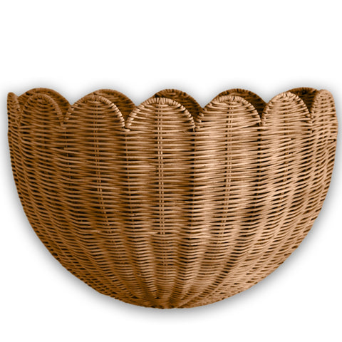 BEBE BASK front view showing scalloped wicker design and decorative storage benefit
