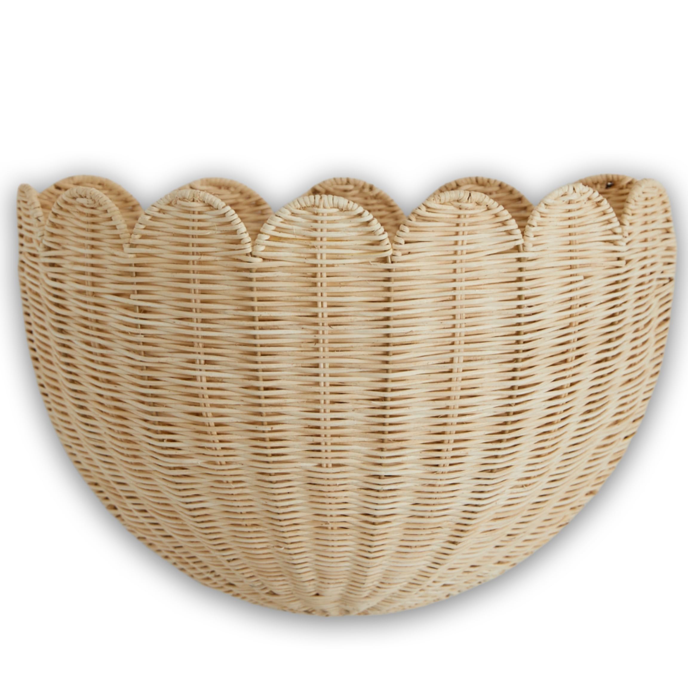 BEBE BASK front view of scalloped rattan basket showing elegant storage benefit