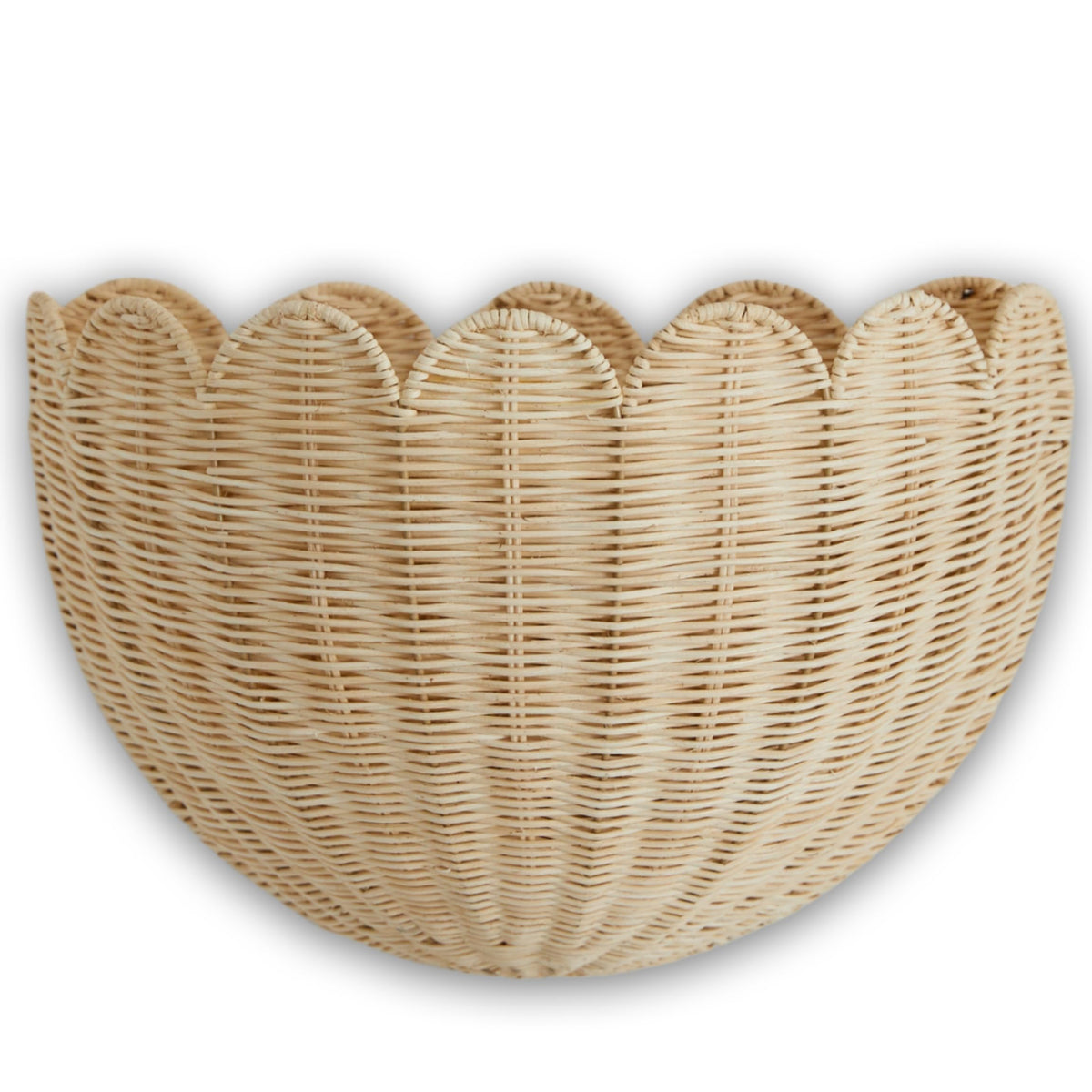BEBE BASK front view of scalloped rattan basket showing elegant storage benefit