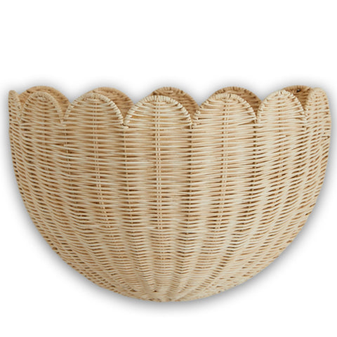 BEBE BASK front view of scalloped rattan basket showing elegant storage benefit