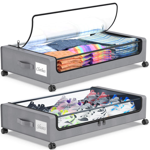 Beborxue front view of 2-pack underbed bins showing compact storage benefit