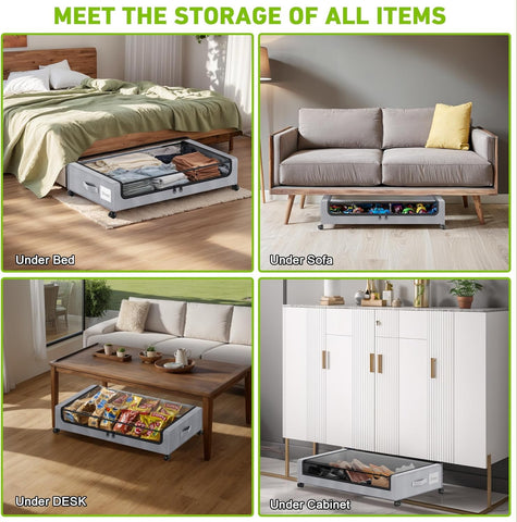 Beborxue under-bed bin slid out from bed demonstrating easy access