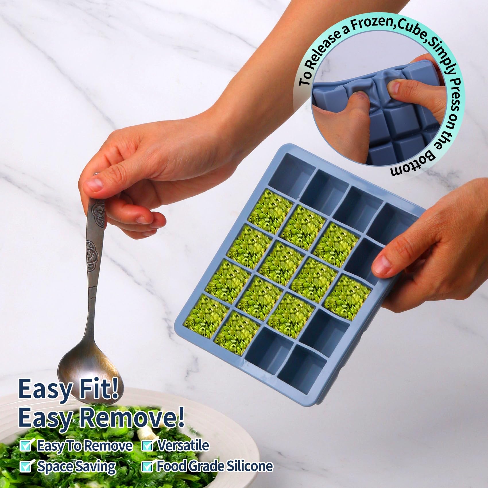 BECOKIT frozen pesto being popped out showing quick grab-and-use meal prep benefit
