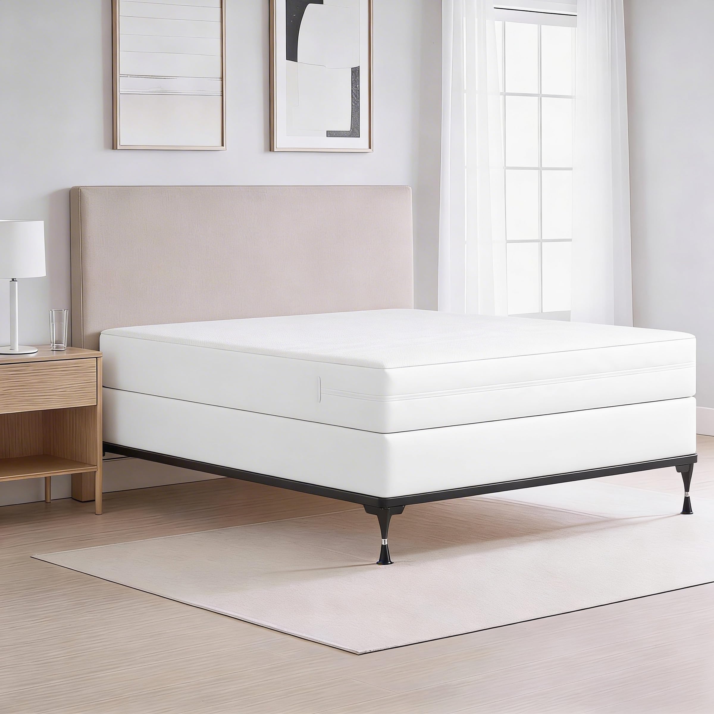 Bed Bug Blocker installed on queen mattress in bedroom showcasing clean look