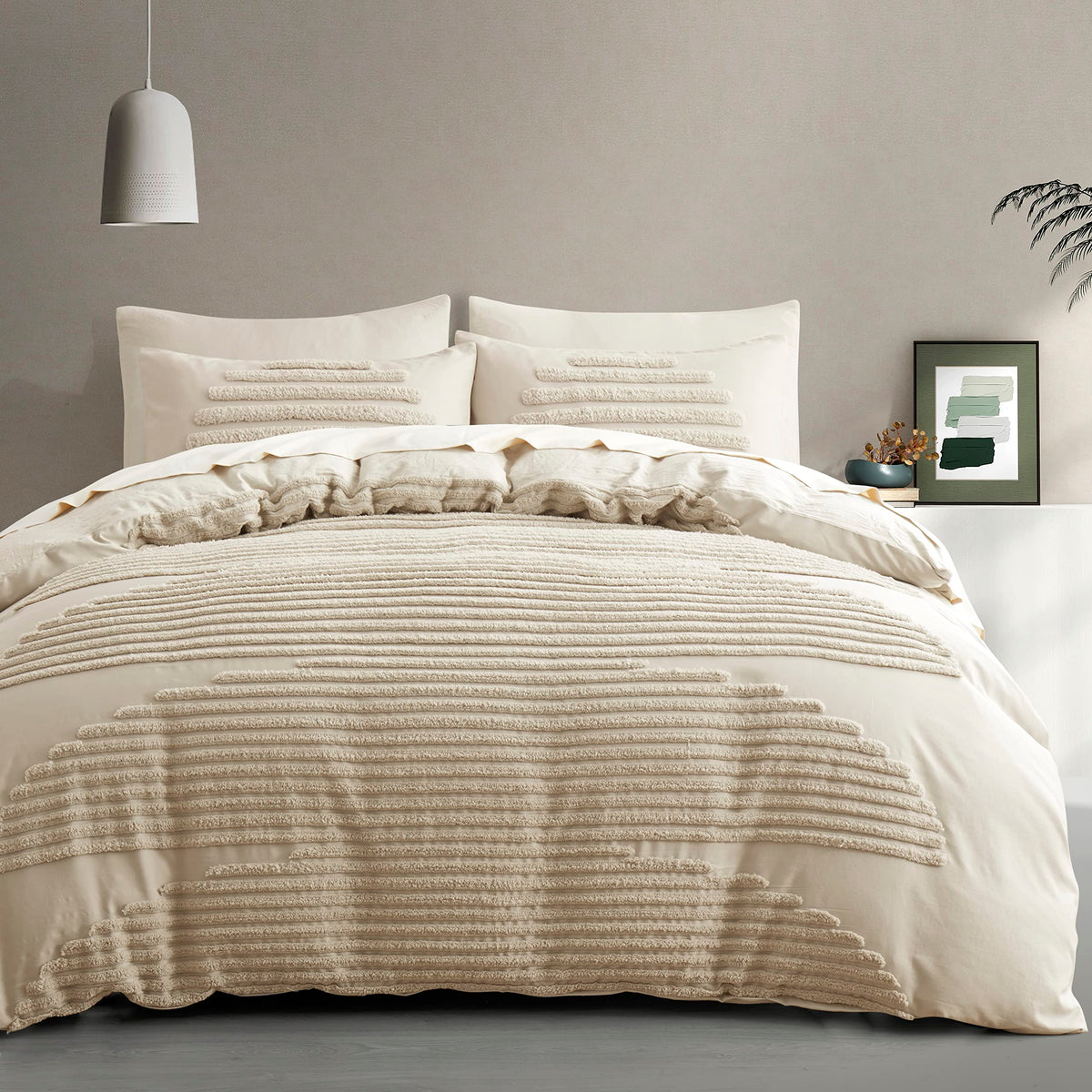 BEDAZZLED front view of beige duvet cover set showing full styling benefit