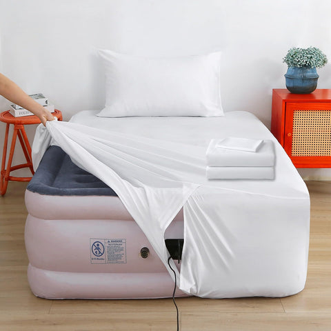 Bedecor front view of twin sheet set showing packaging and white color benefit