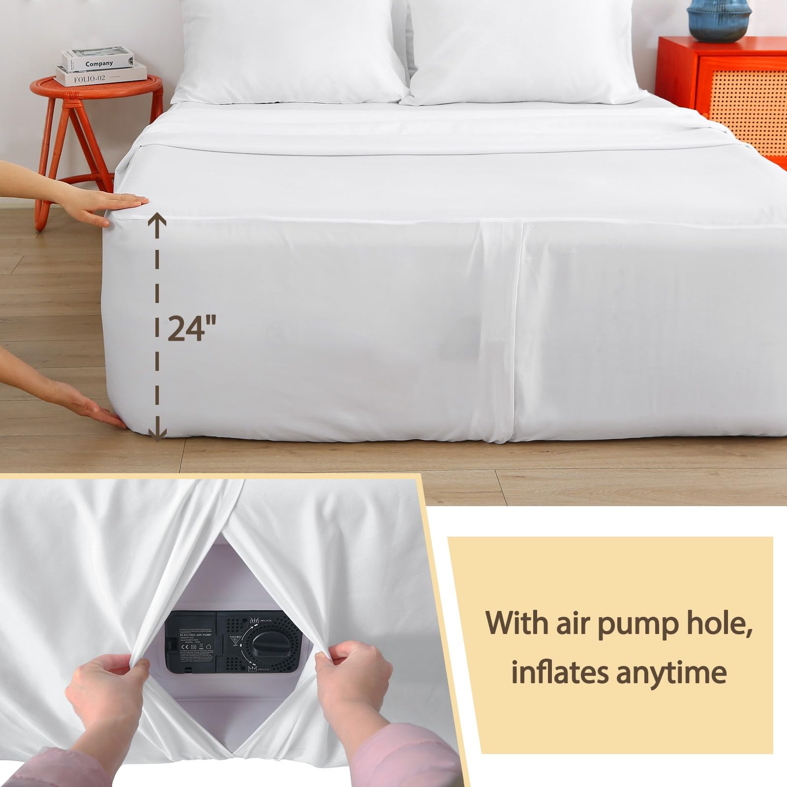 Bedecor inflate opening detail aligned with air valve for easy inflation benefit