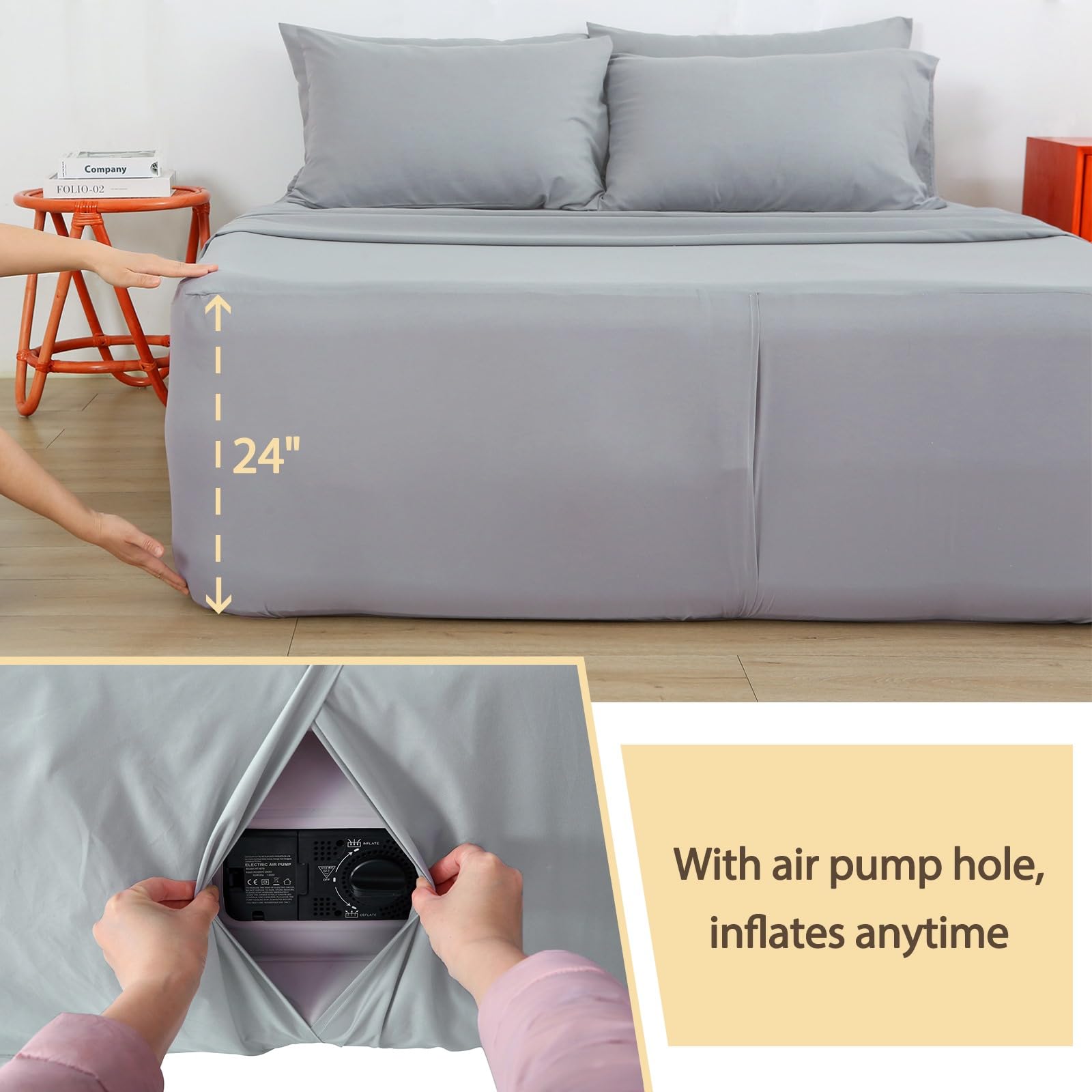 Bedecor detailed view of adjustable inflate opening enabling pump access without removing sheet