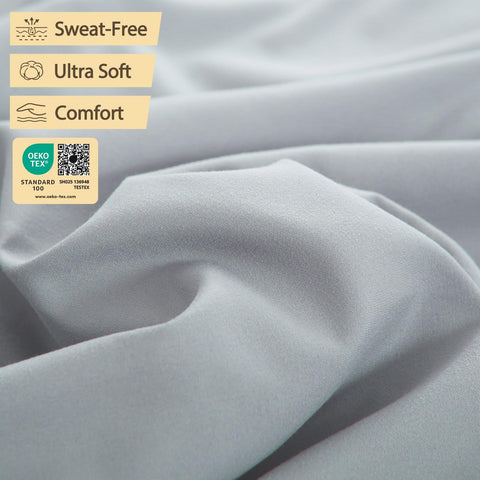 Bedecor gray sheets on an air mattress inside an RV showing tidy appearance and comfort