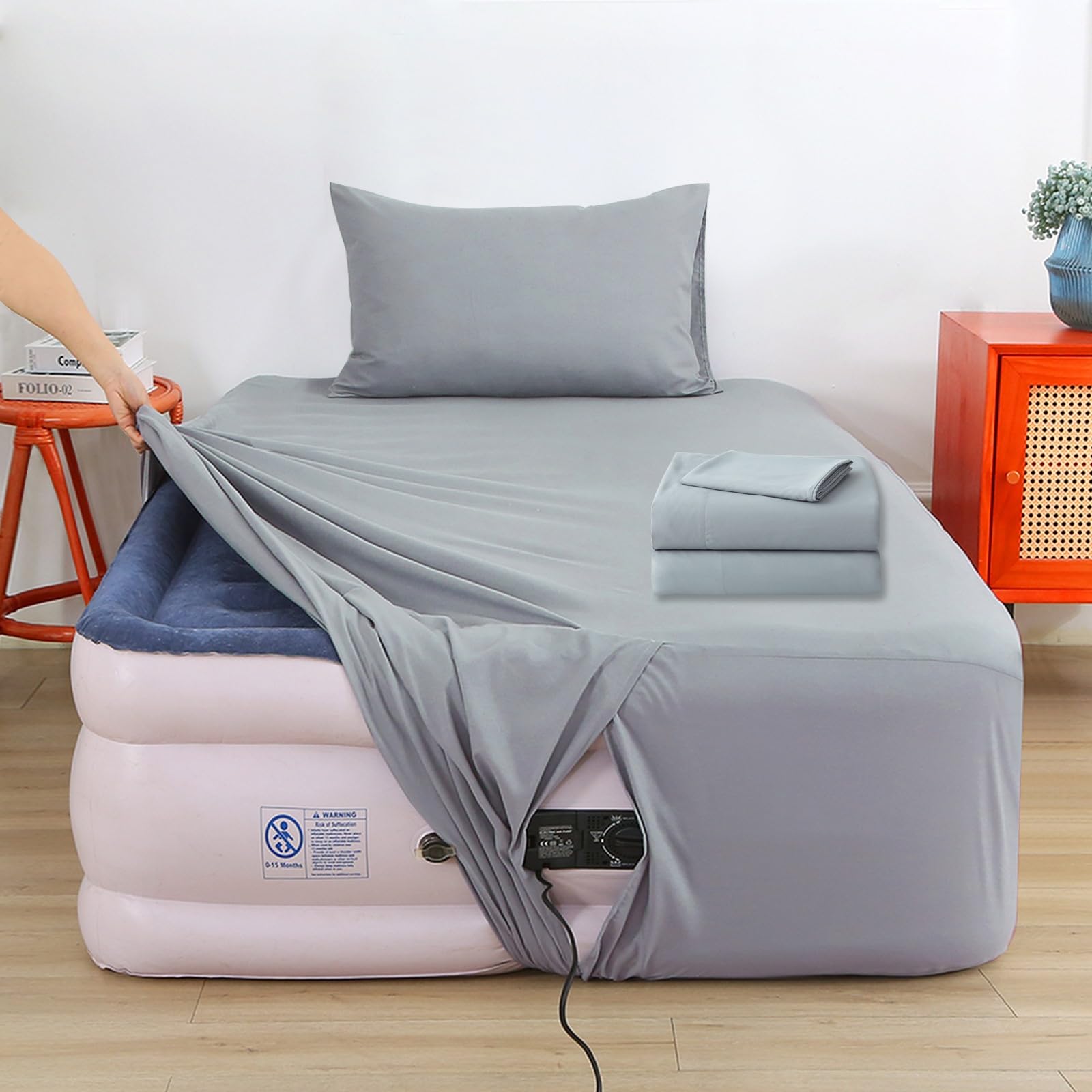 Bedecor front view of gray twin set showing included pieces and neat packaging for easy identification