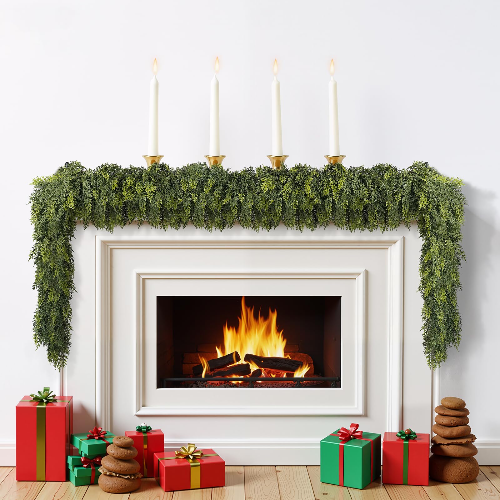bedee front view of 9 ft cedar garland shows full realistic look