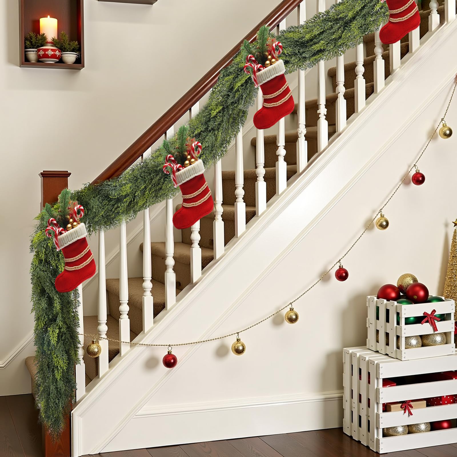 bedee garland on porch under eave showing weather-resistant use