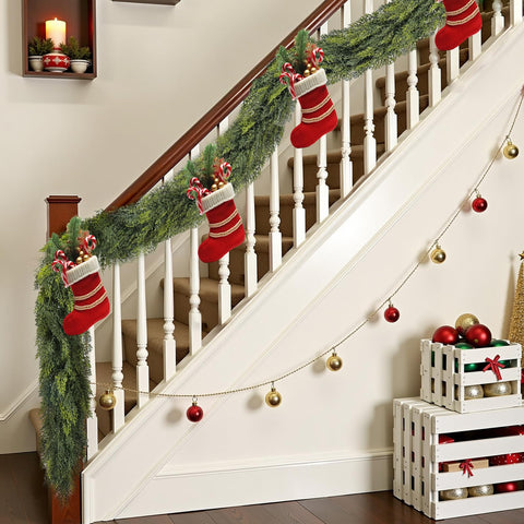 bedee garland on porch under eave showing weather-resistant use