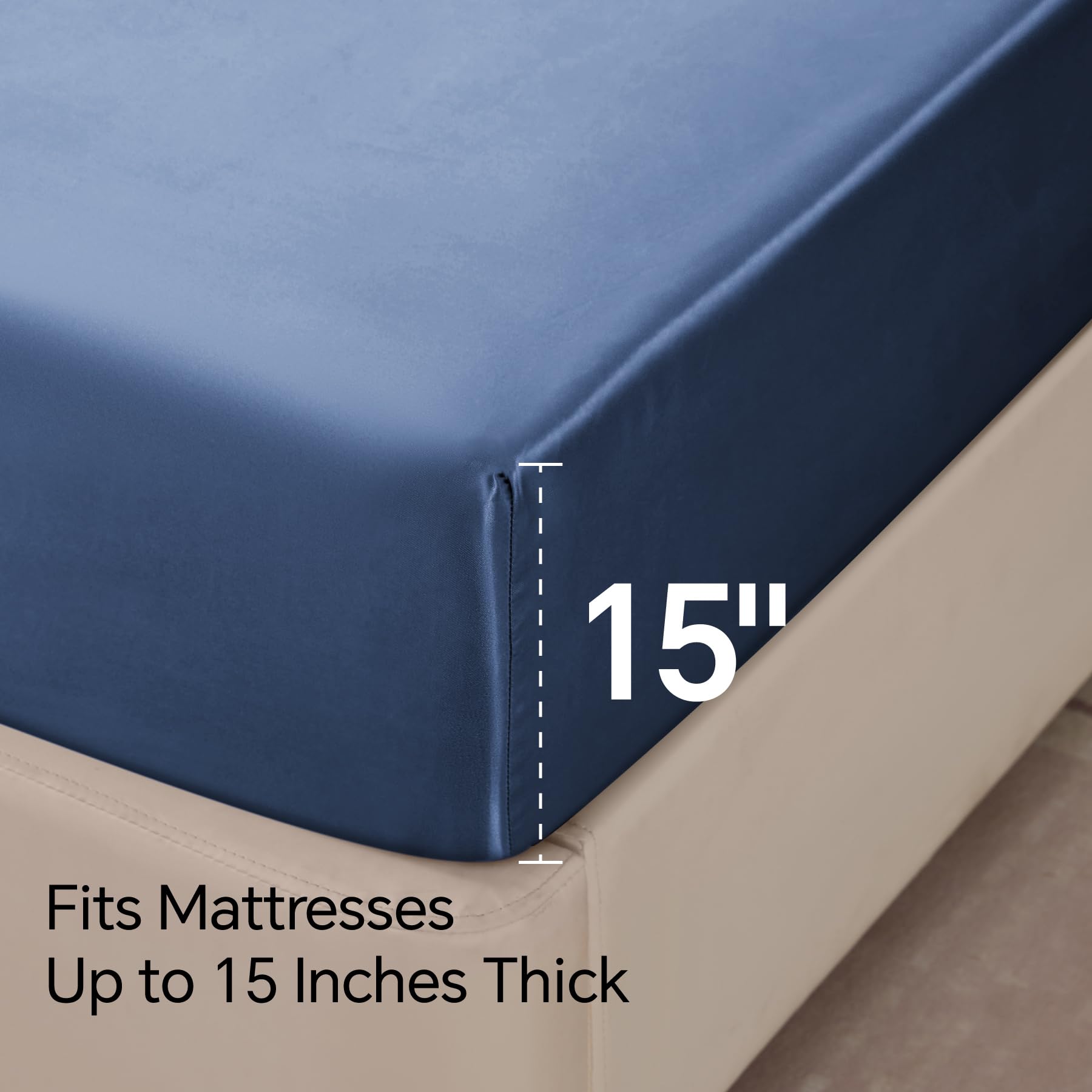 BEDELITE styled bedroom with navy satin sheets illustrating polished look and cozy atmosphere