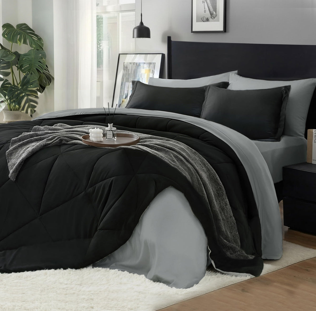 BEDELITE front view of black comforter set showing complete 7-piece ensemble and cohesive look