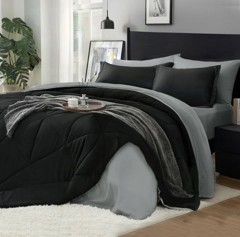 BEDELITE front view of black comforter set showing complete 7-piece ensemble and cohesive look