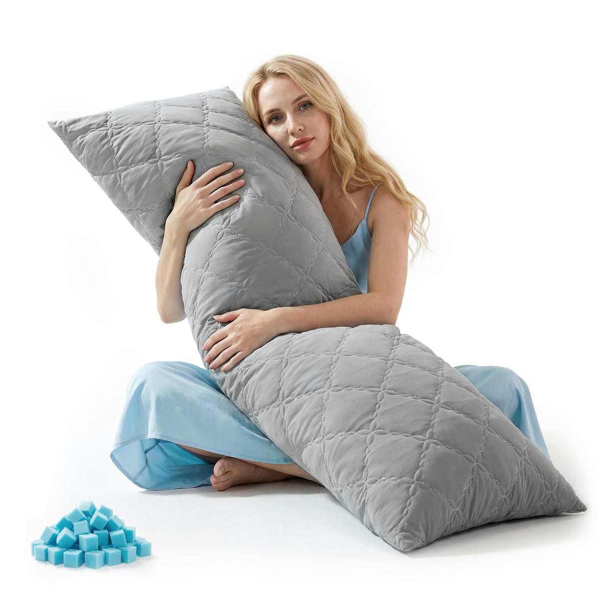 BEDELITE front view of full-size body pillow showing tailored light grey cover and neat seams for elegant bedding
