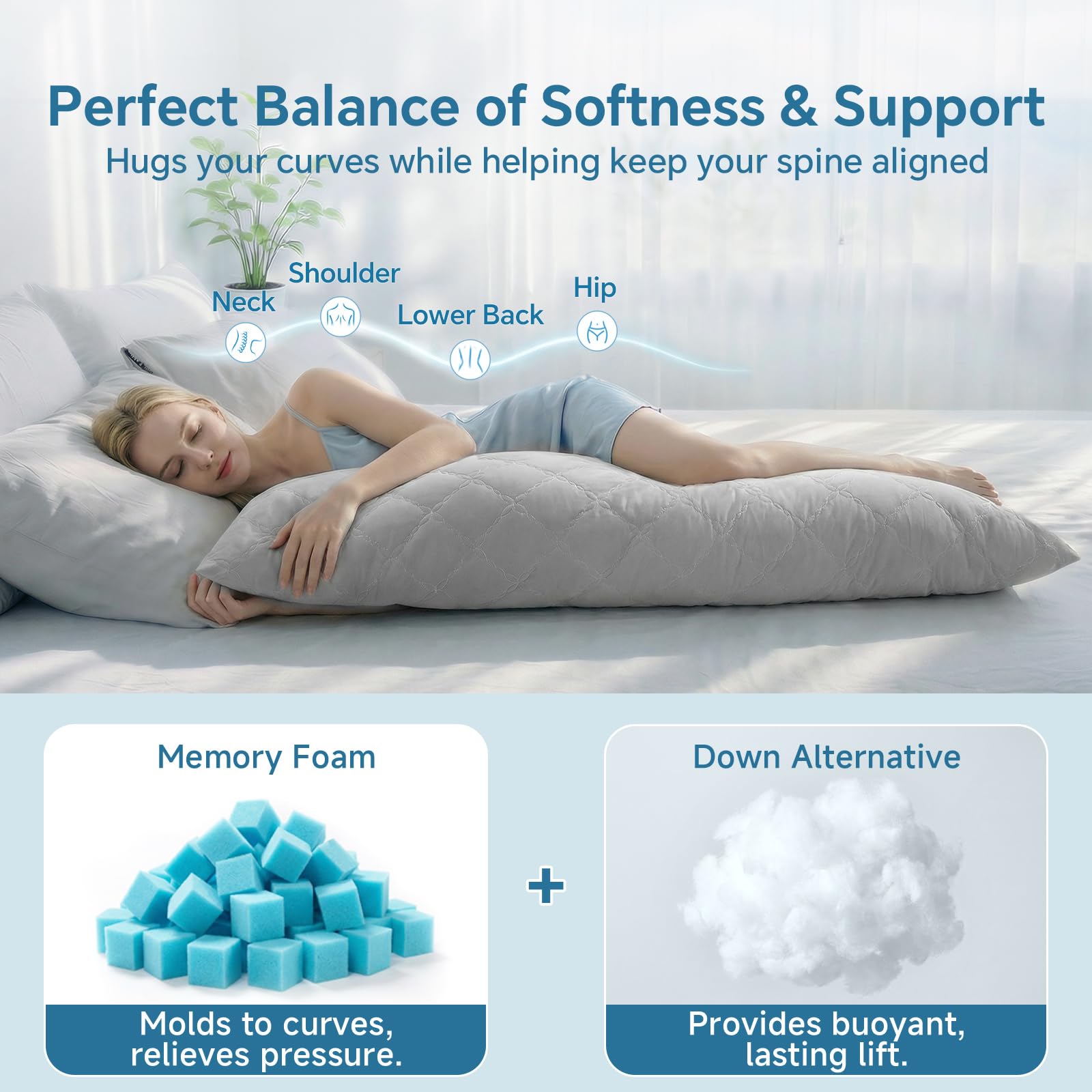 BEDELITE body pillow styled on a modern bed to show how it elevates bedroom comfort and decor