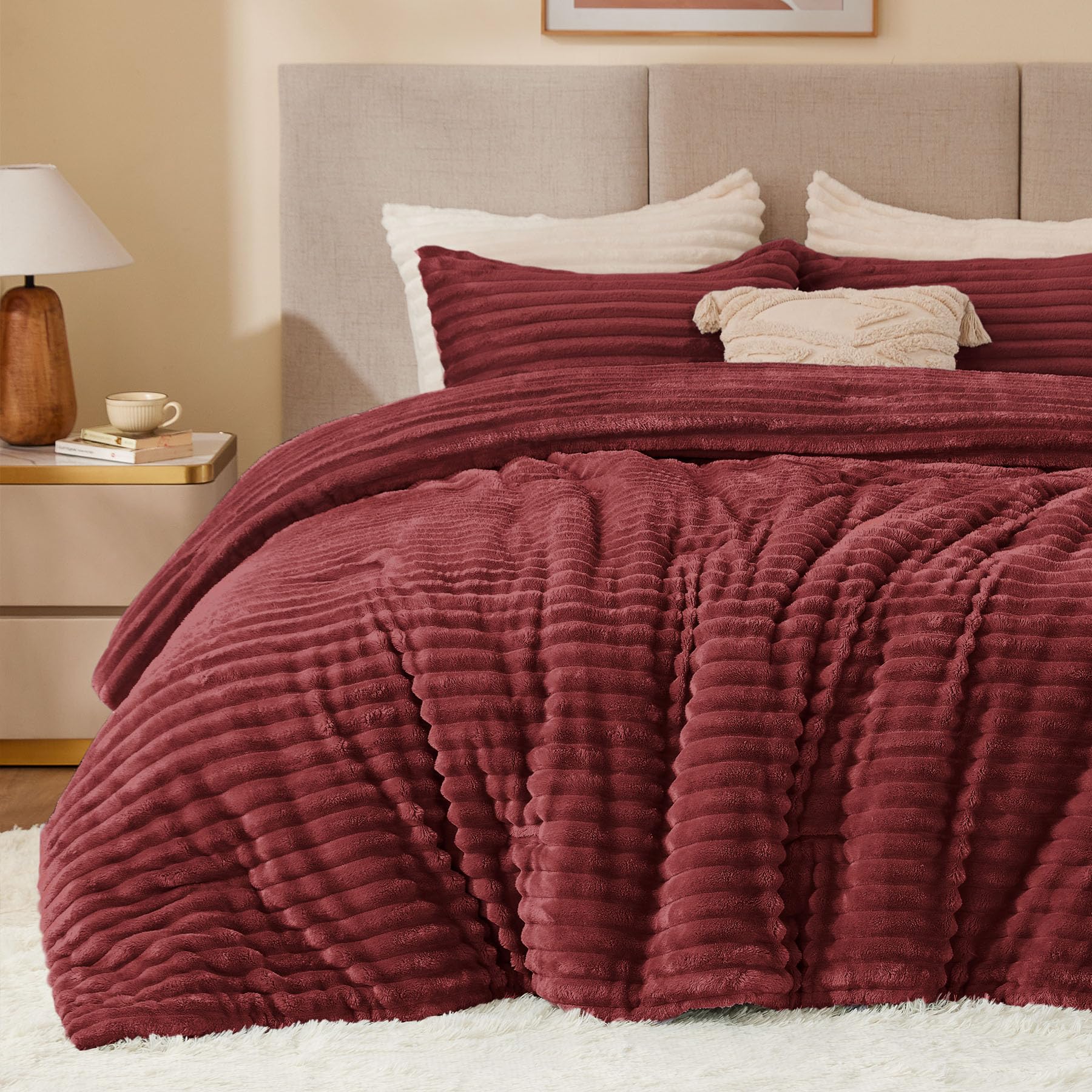 BEDELITE front view of burgundy comforter showing plush look and color