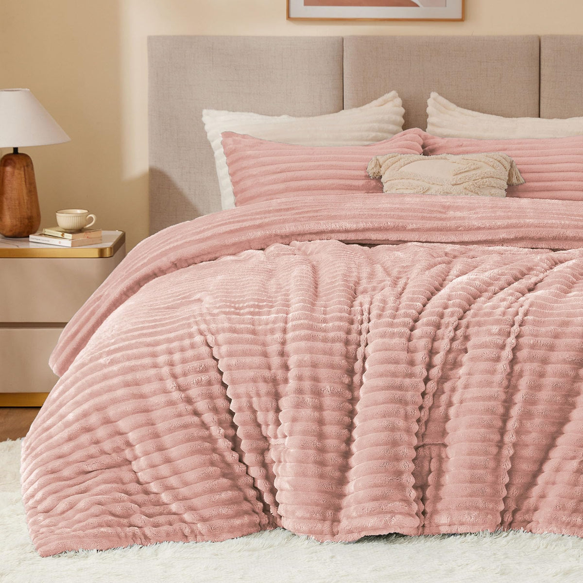 BEDELITE front view of dusty pink comforter showing full coverage and inviting warmth