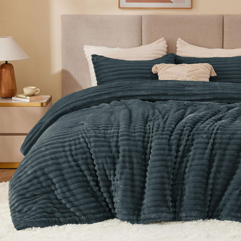 BEDELITE front view showing dark grey comforter and pillowcases, adds instant bedroom elegance