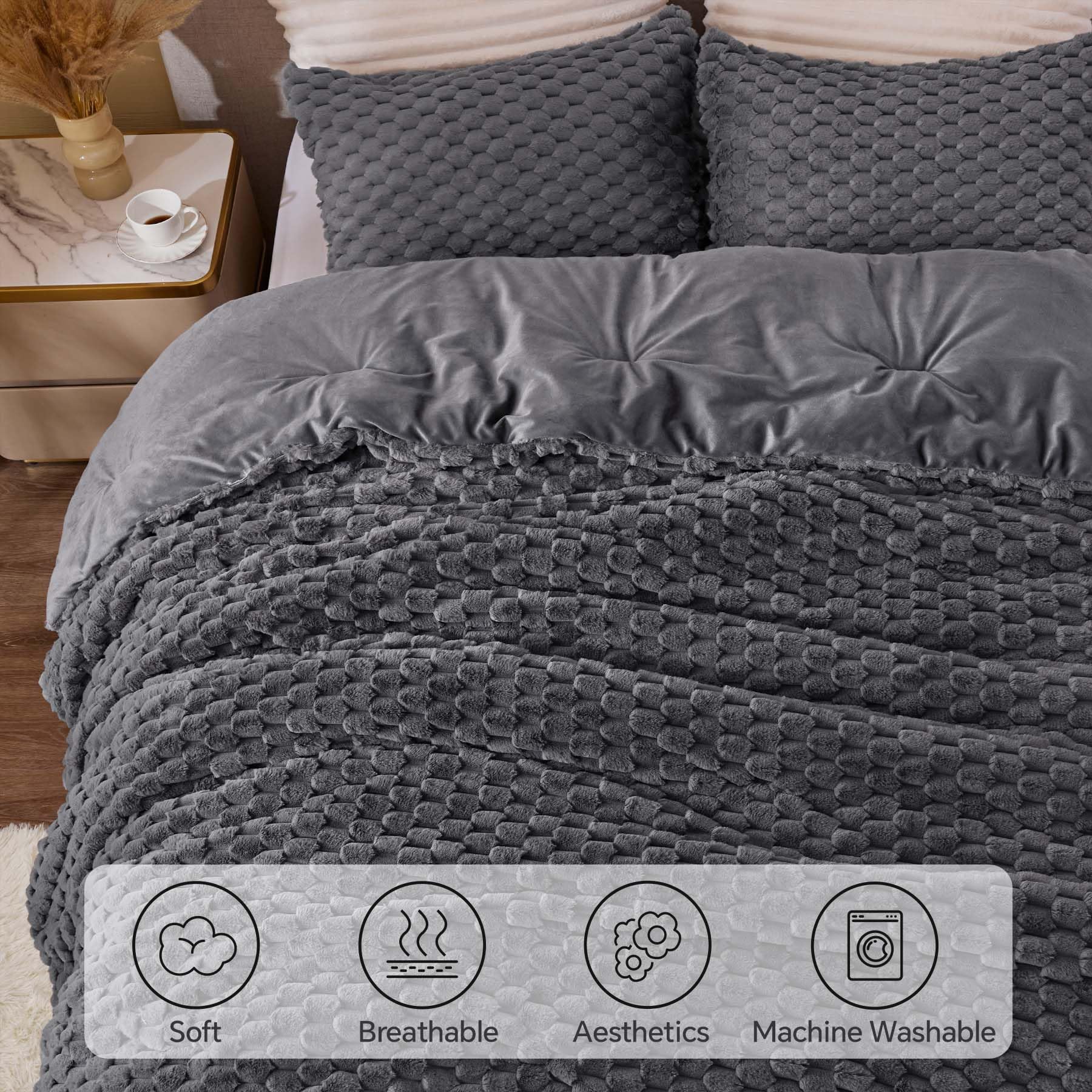 BEDELITE side view showing comforter overhang and size scale on king mattress