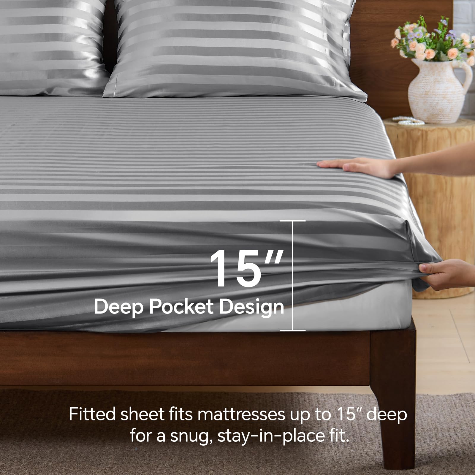 BEDELITE elastic corner strap detail illustrating secure hold and anti-slip benefit