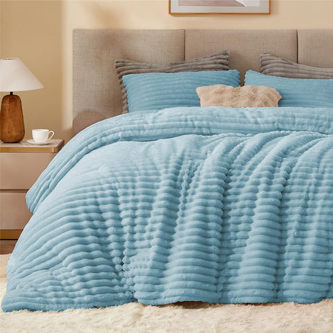 BEDELITE front view showing light blue comforter and neat bed styling for a polished look
