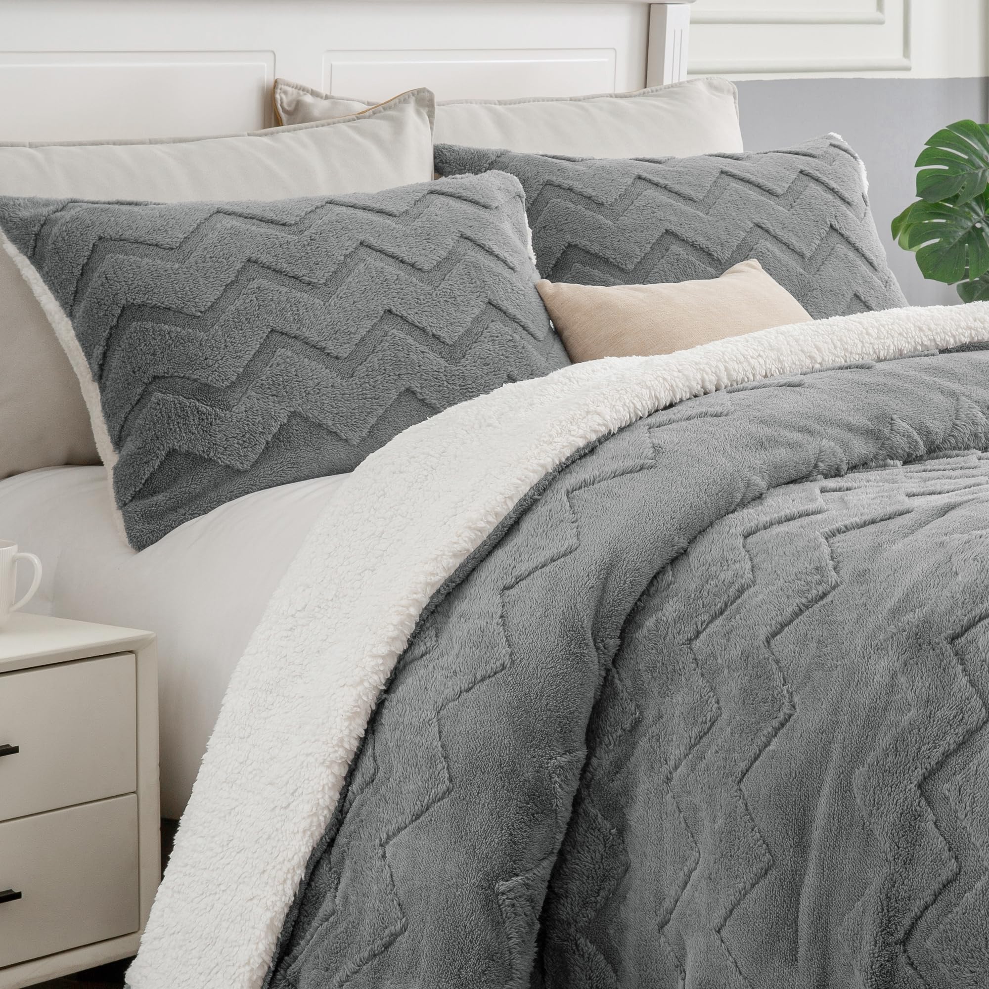 BEDELITE front view of grey king comforter showing plush finish and tailored look