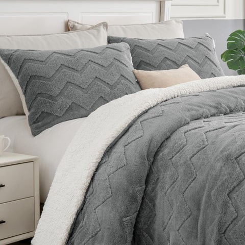 BEDELITE front view of grey king comforter showing plush finish and tailored look