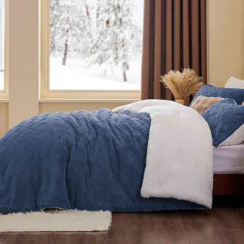 BEDELITE lifestyle bedroom styling with comforter creating a calm navy focal point