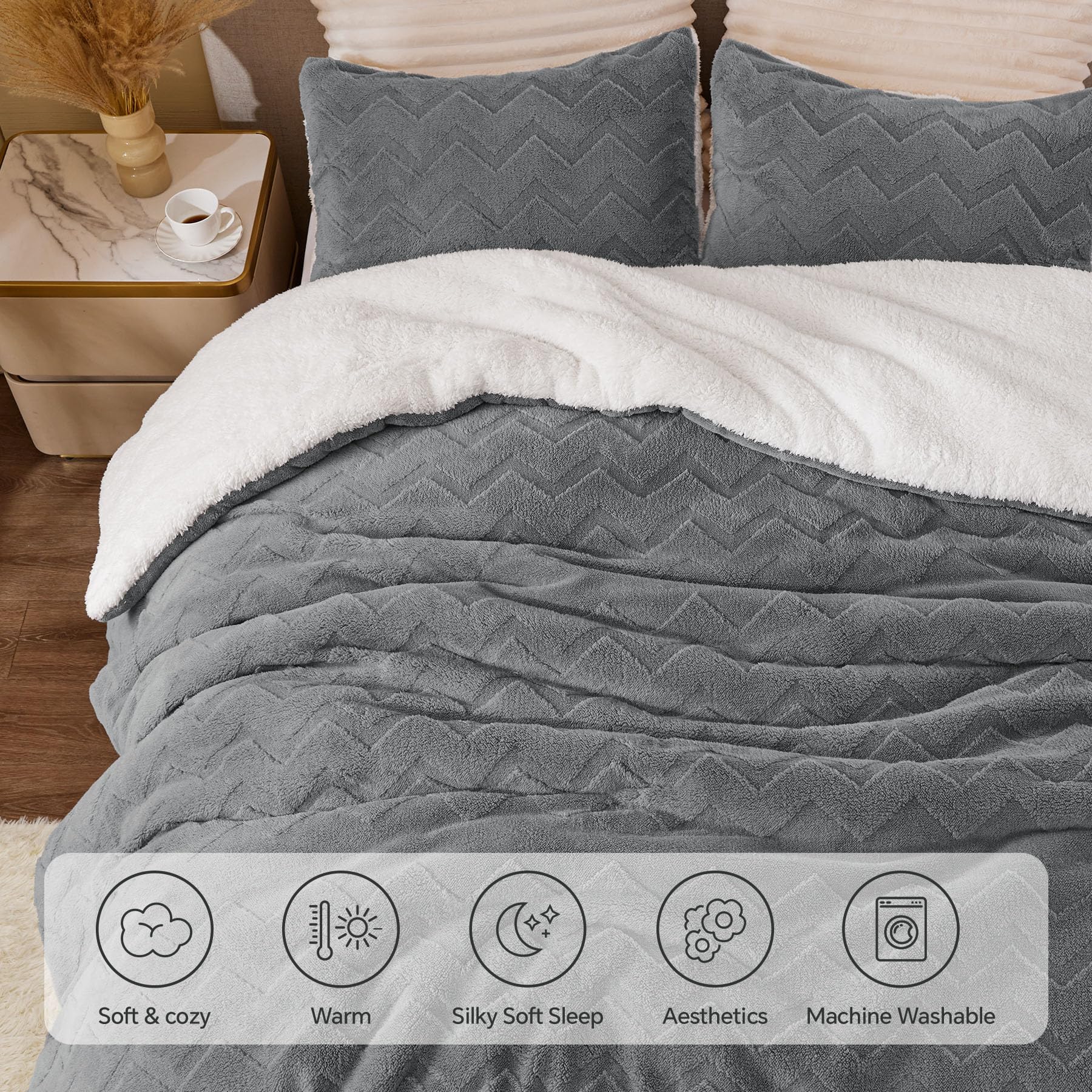 BEDELITE styled bedroom with comforter showcasing modern neutral décor