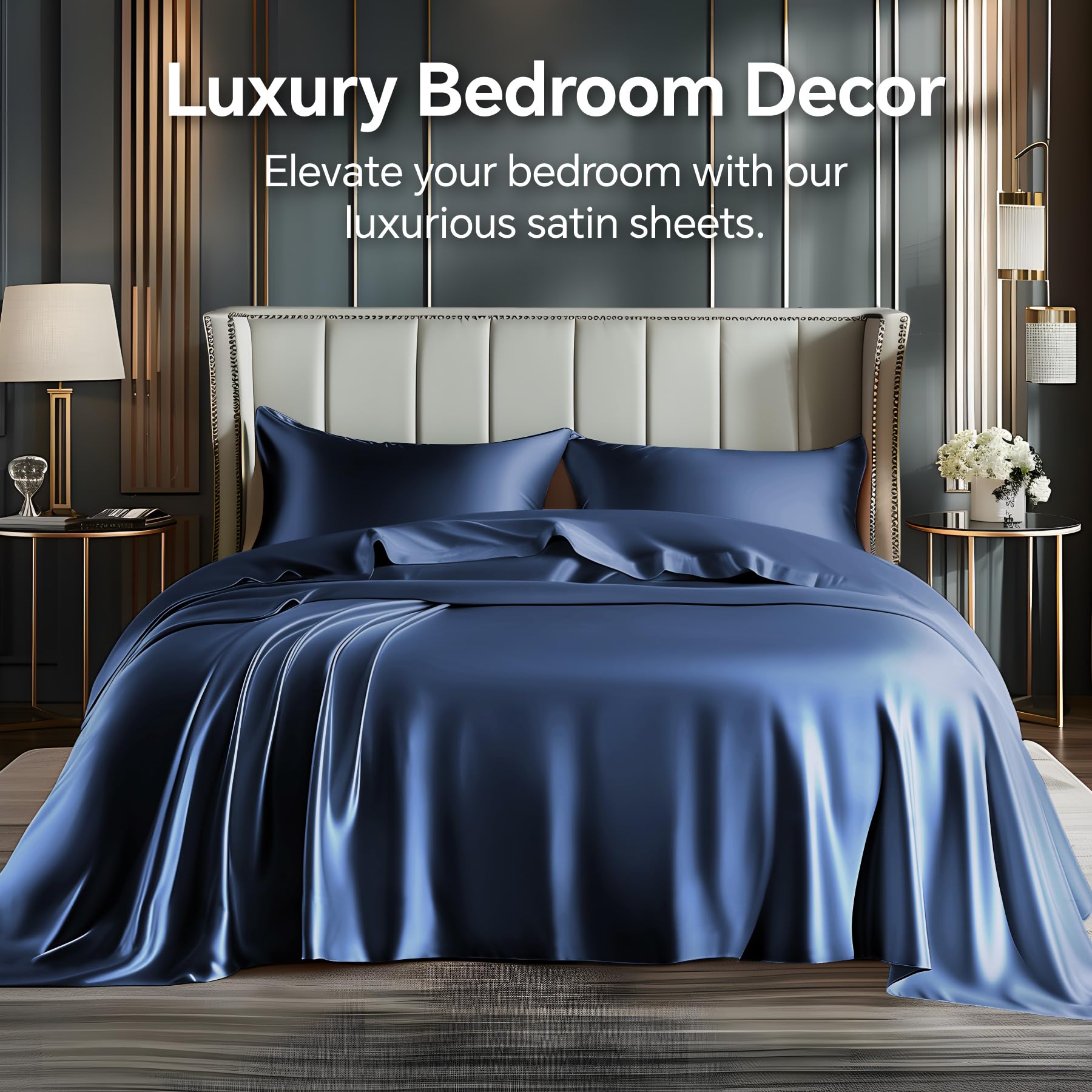 BEDELITE navy flat sheet spread across bed showcasing smooth finish and elegant navy color