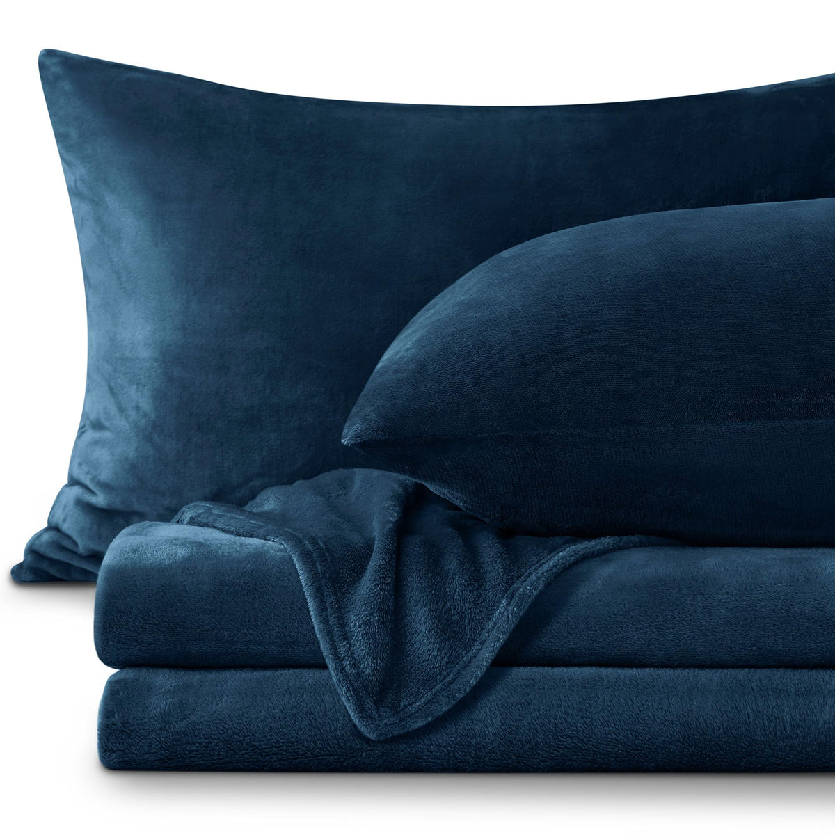 BEDELITE packaged navy queen sheet set showing contents and color benefits