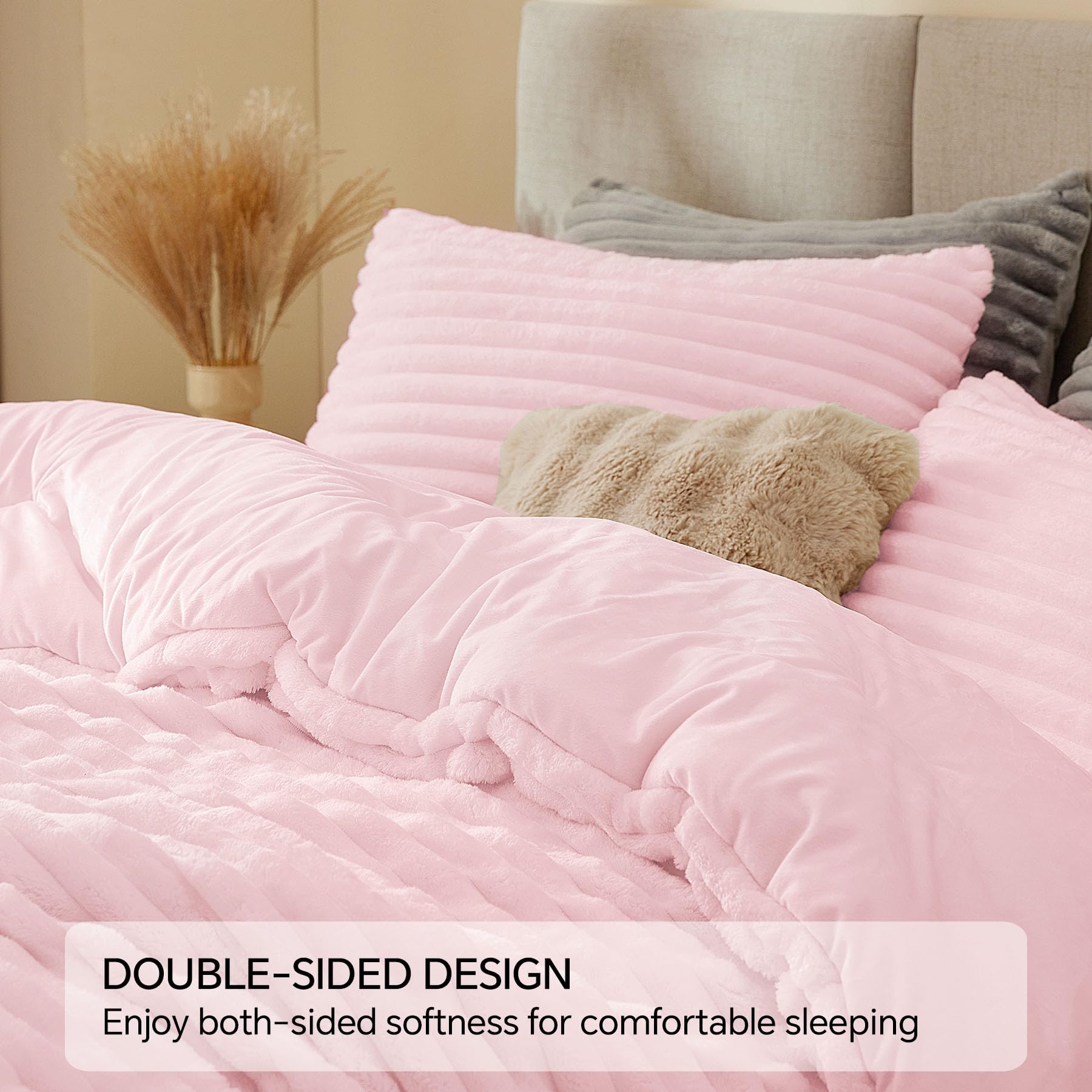 BEDELITE pillows and drape on styled bed conveying layered comfort