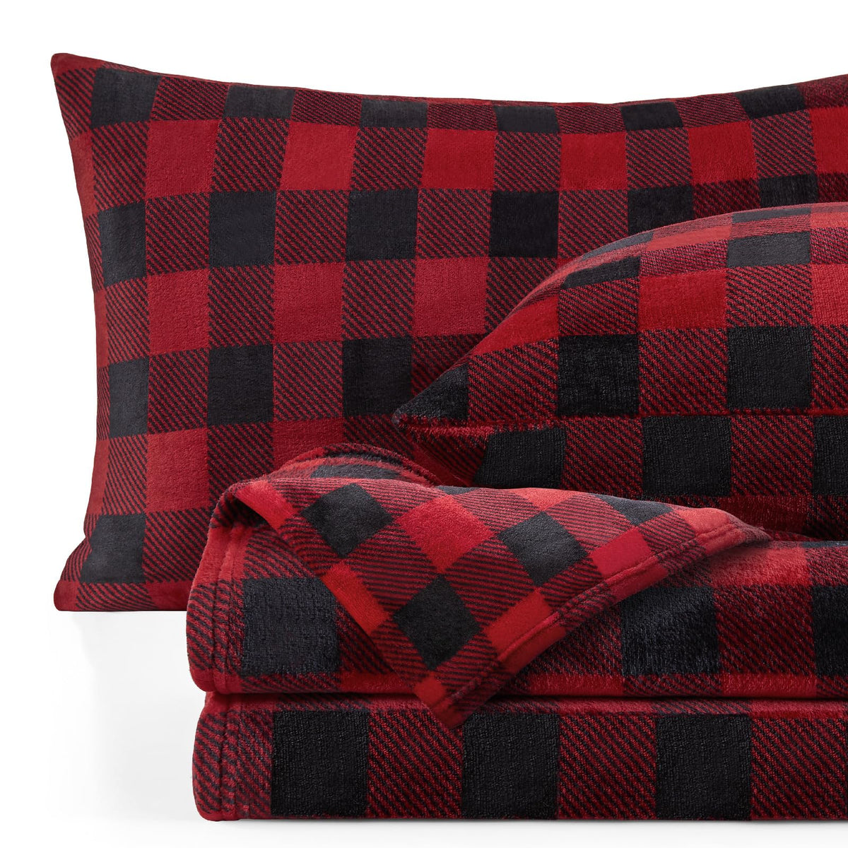 BEDELITE front view of red and black plaid sheet set showing cozy styling