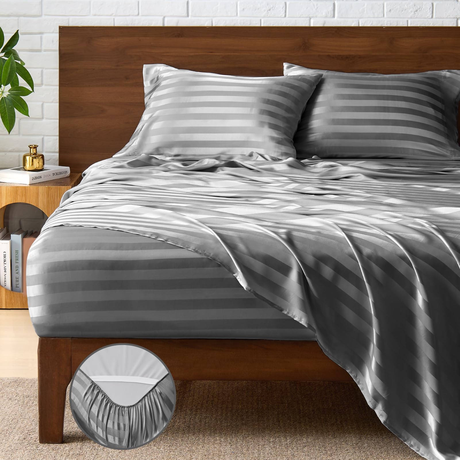 BEDELITE flat sheet front view showing smooth finish and elegant stripes for stylish bedding