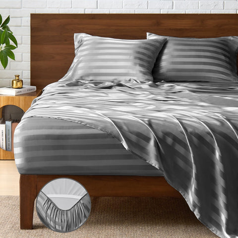 BEDELITE flat sheet front view showing smooth finish and elegant stripes for stylish bedding