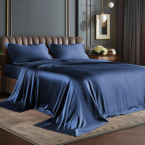 BEDELITE front packaging showing navy queen satin set and included pieces for quick recognition