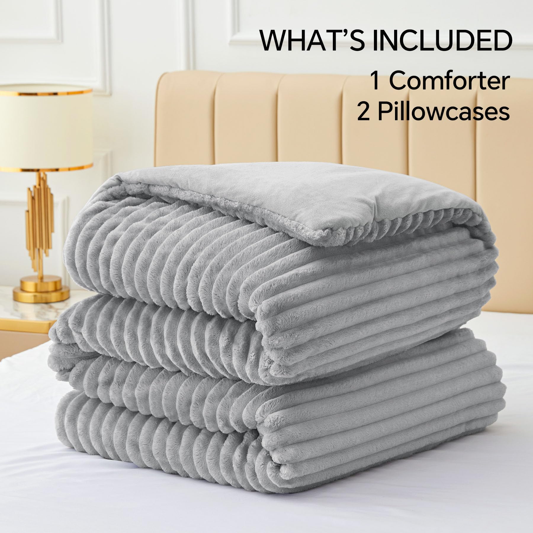 BEDELITE comforter with ruler and pillowcases showing full-size dimensions