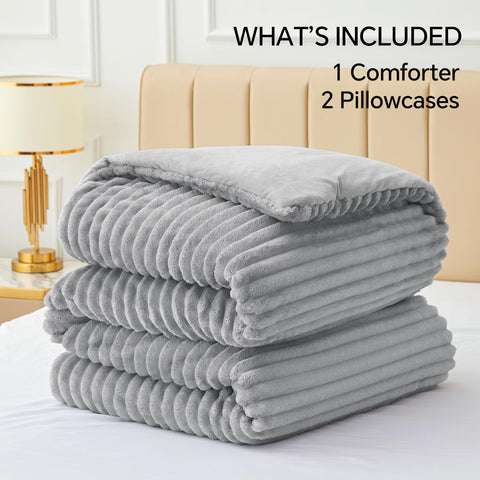 BEDELITE comforter with ruler and pillowcases showing full-size dimensions