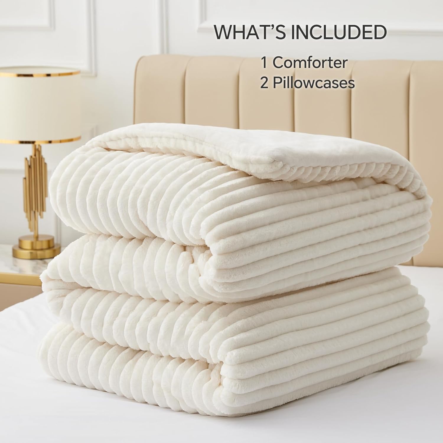 BEDELITE comforter next to tape measure showing oversized 96x98 inch coverage advantage