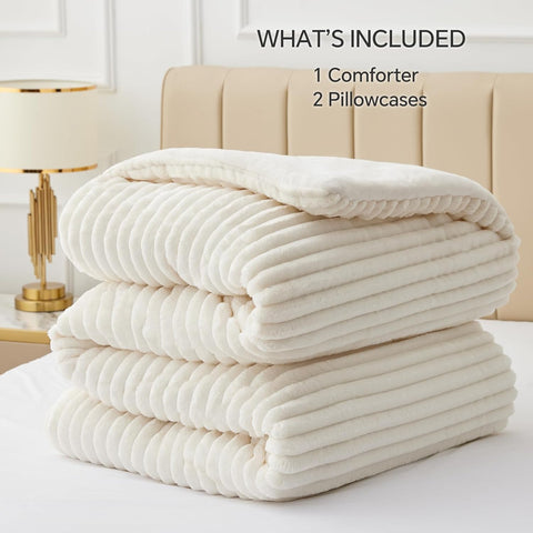 BEDELITE comforter next to tape measure showing oversized 96x98 inch coverage advantage