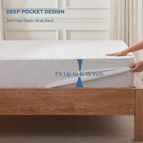 BEDLORE protector fitted on mattress demonstrating deep 18 inch pocket