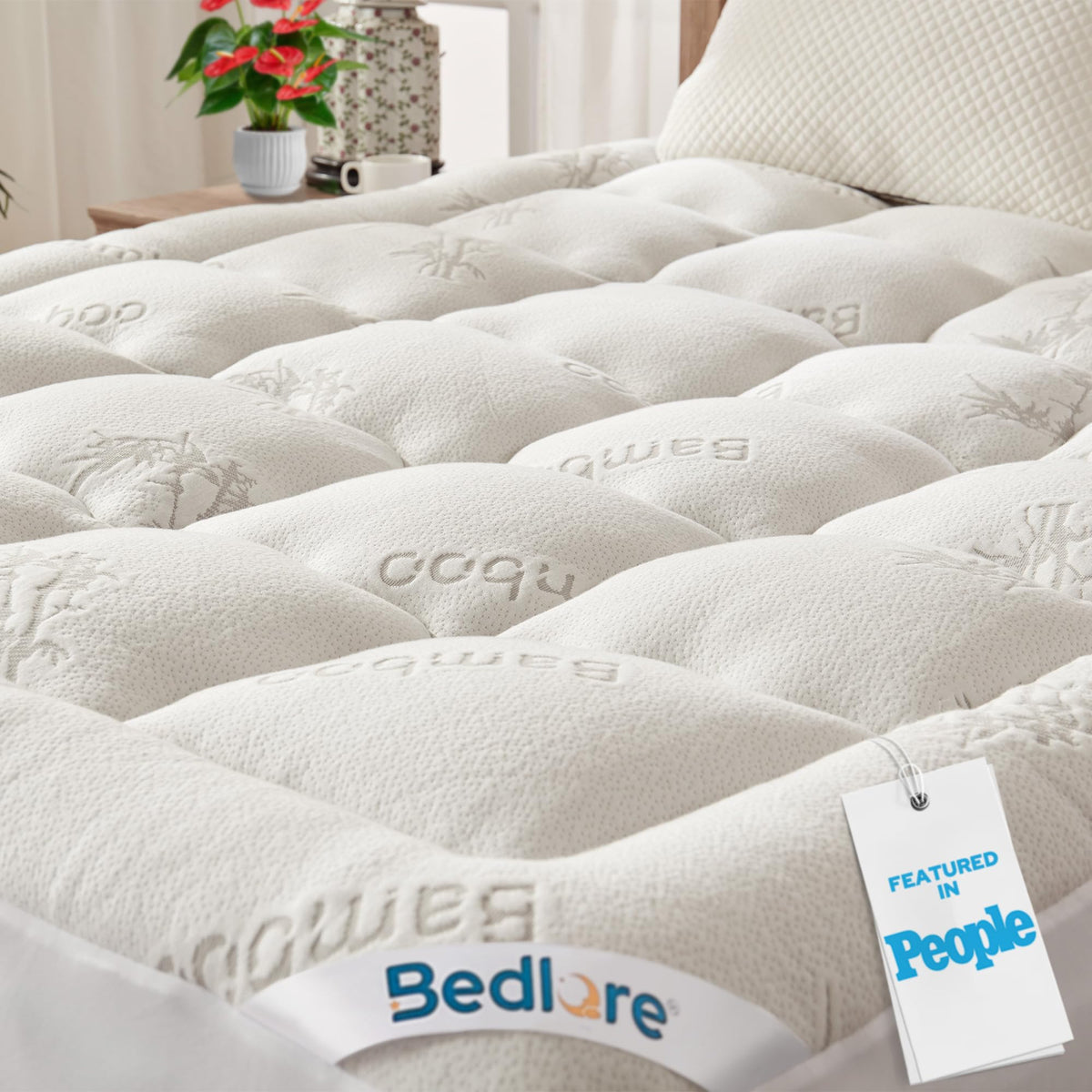 BEDLORE front view of California king pillow top showing fit and benefit